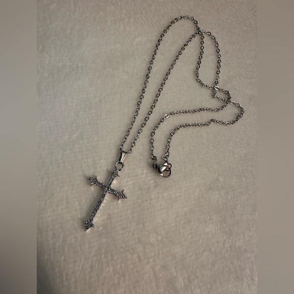 Silver Tone Crystal Cross Pendant Necklace & Drop Dangle Earrings Set - Picture 5 of 11